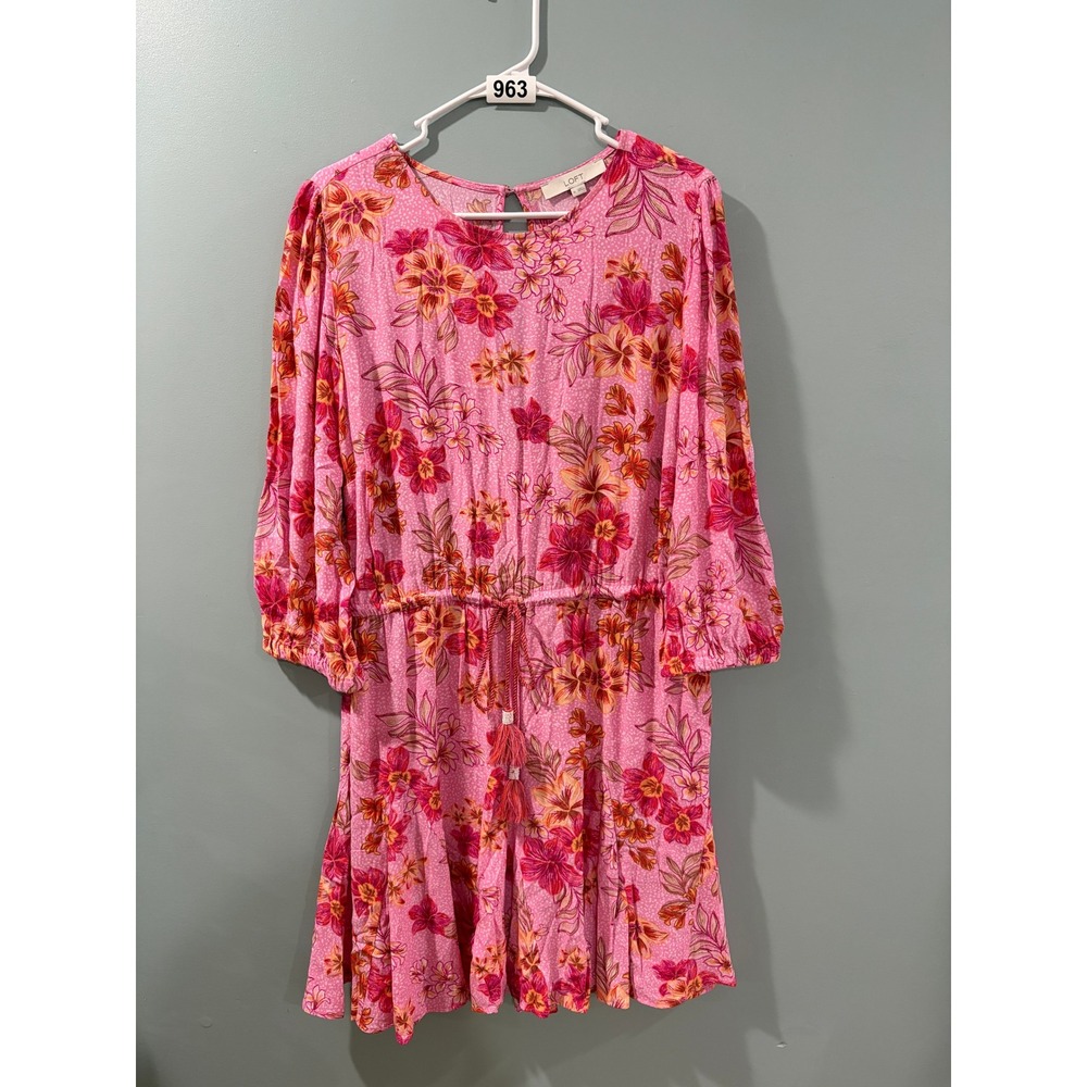 LOFT Pink Floral Tassel Tie Waist Tiered Mini Dress Women XL 3/4 Sleeve